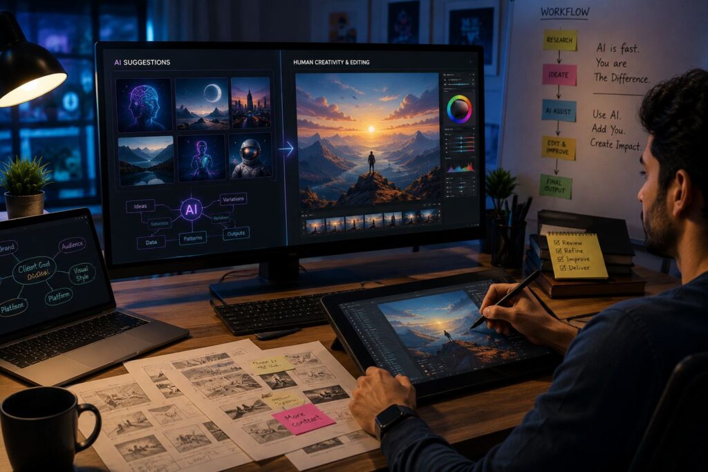 Freelancer using AI tools with human creativity