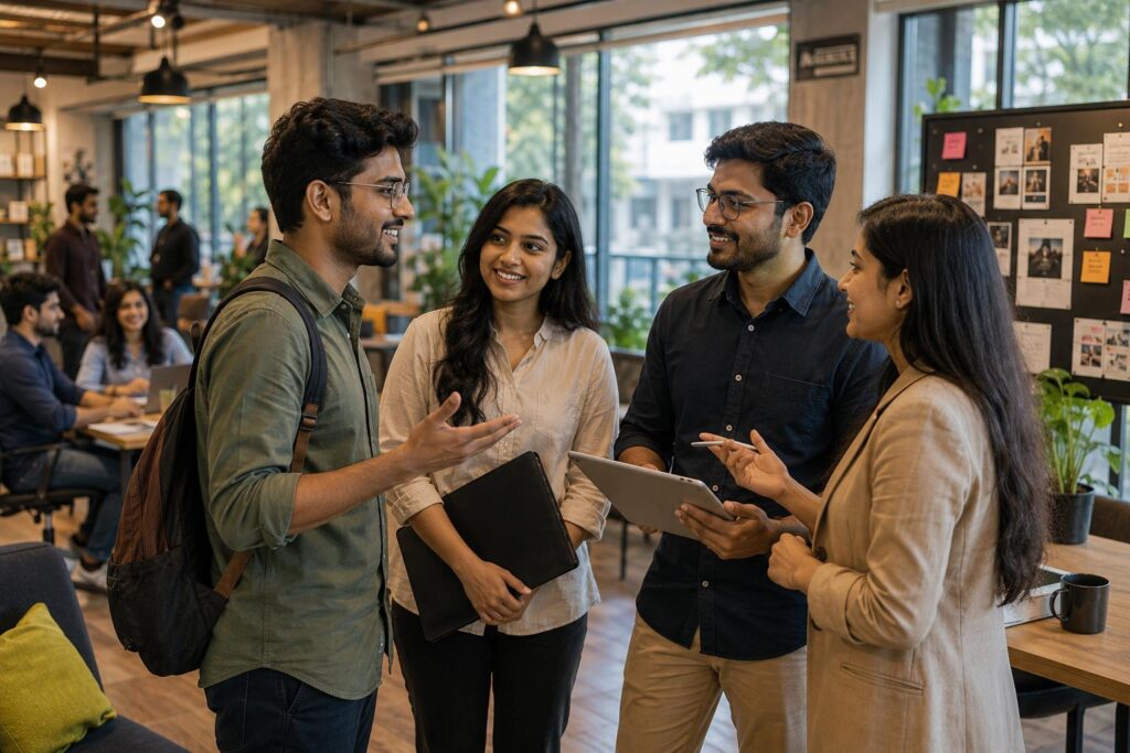 Freelancers networking and discussing career opportunities