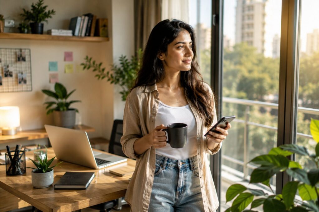 Young freelancer enjoying flexible work from home