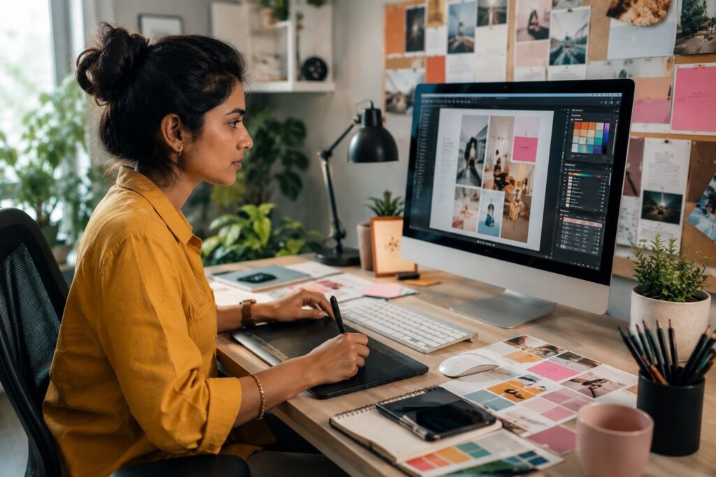 Indian graphic designer creating digital designs on a computer