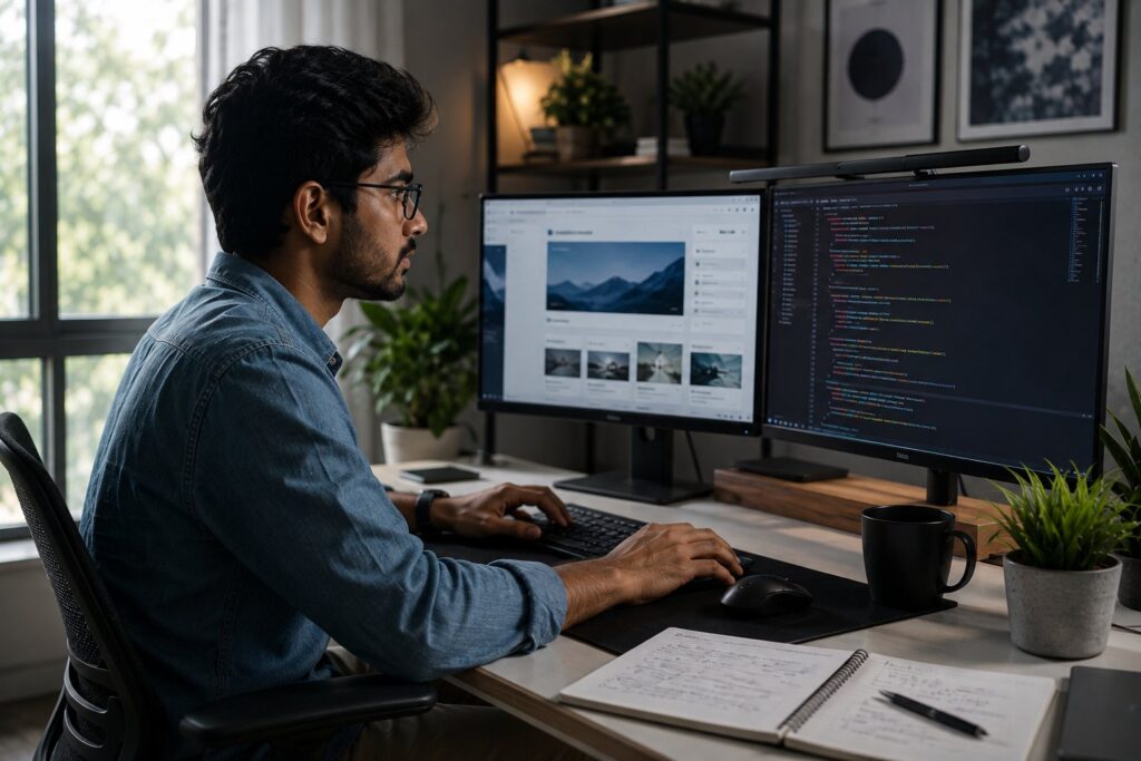 Indian web developer working with code on dual monitors