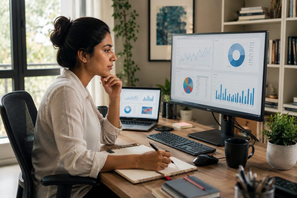 Indian SEO specialist analyzing website performance and analytics