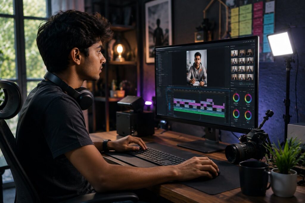 Indian video editor working on a short-form video project