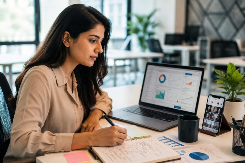 Indian digital marketer analyzing campaign performance on a laptop