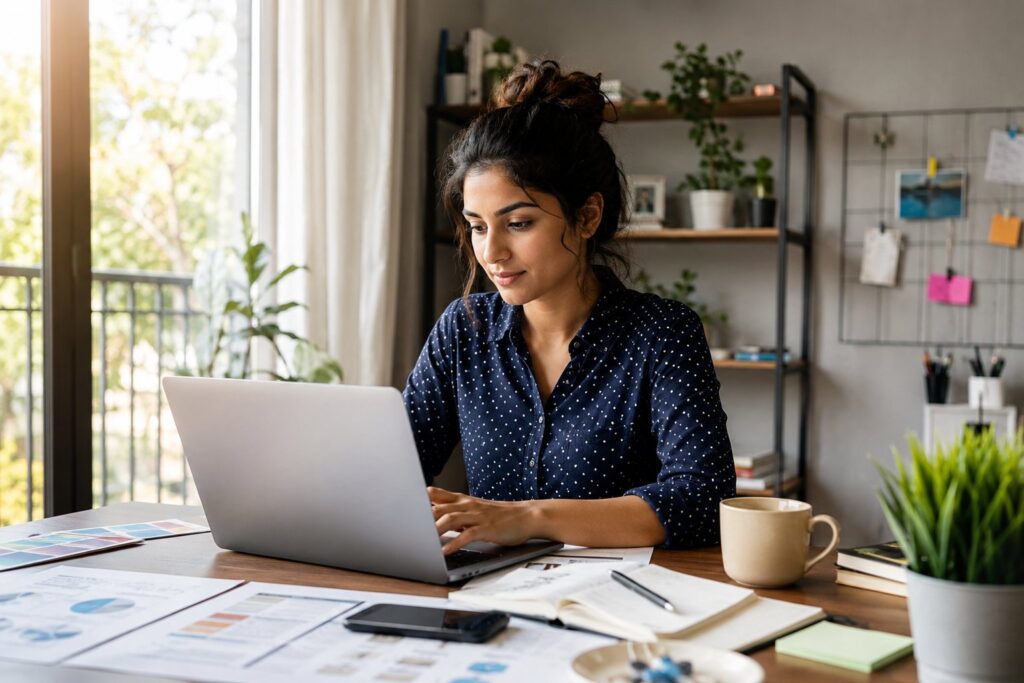 Young Indian freelancer working on multiple digital projects