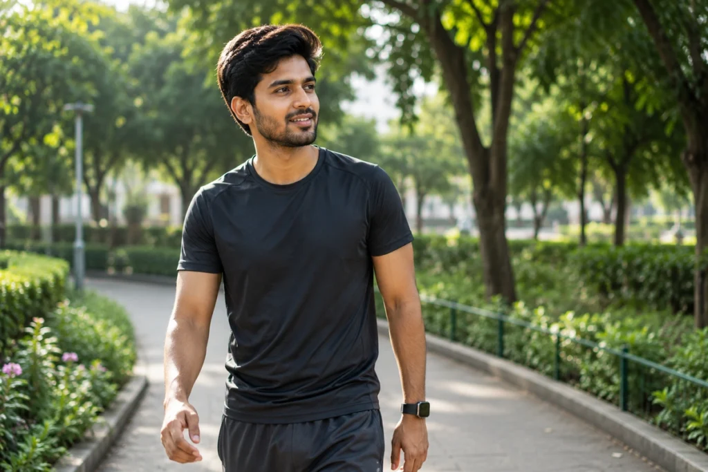 Young professional walking in a green park after work
