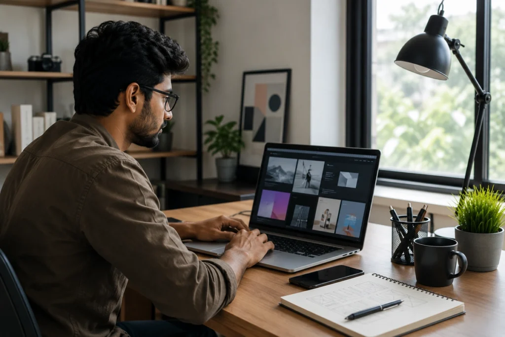 Young professional working on a personal portfolio website