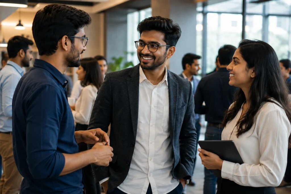 Young professionals building connections at a networking event