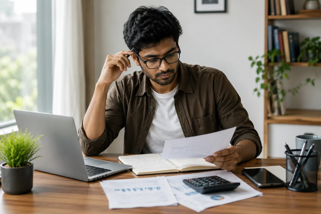 Young professional planning personal finances at a home office