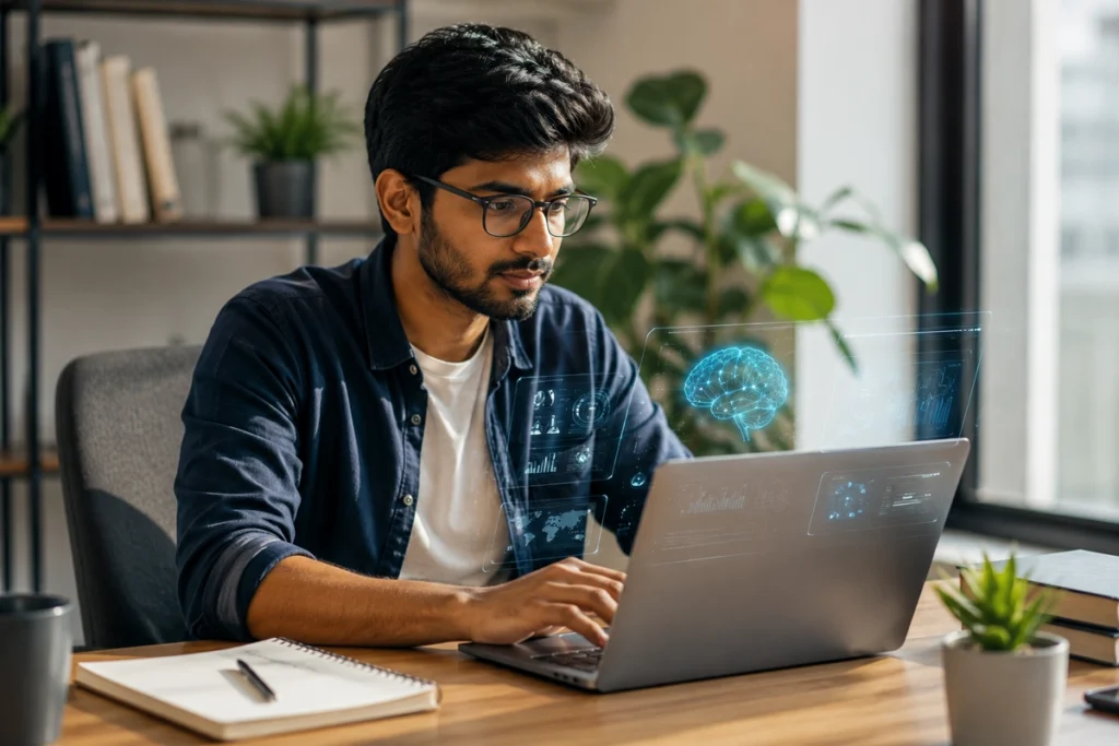 Young professional using AI technology on a laptop