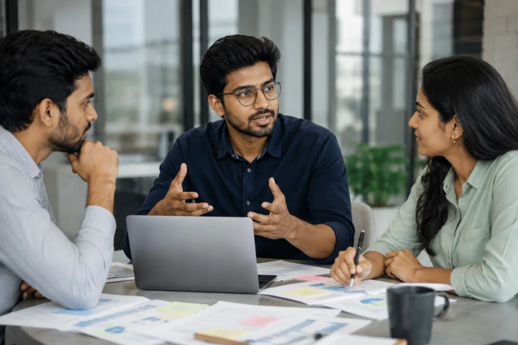 Young professionals having a collaborative workplace discussion