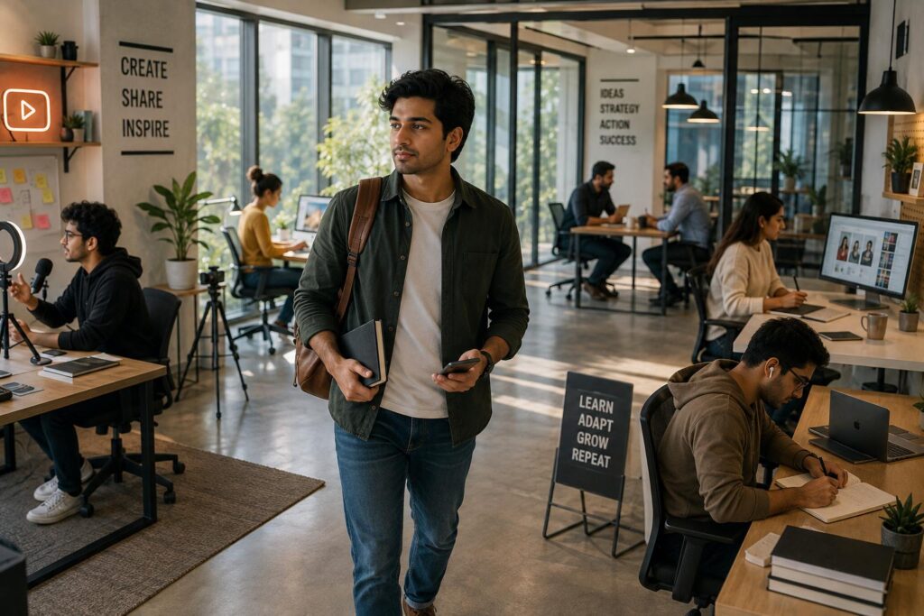 Indian professional choosing a side hustle in a modern coworking space