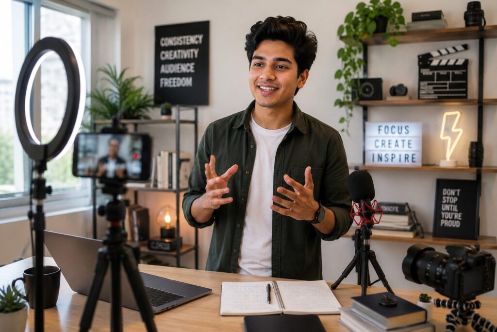 Indian content creator recording an educational video at home