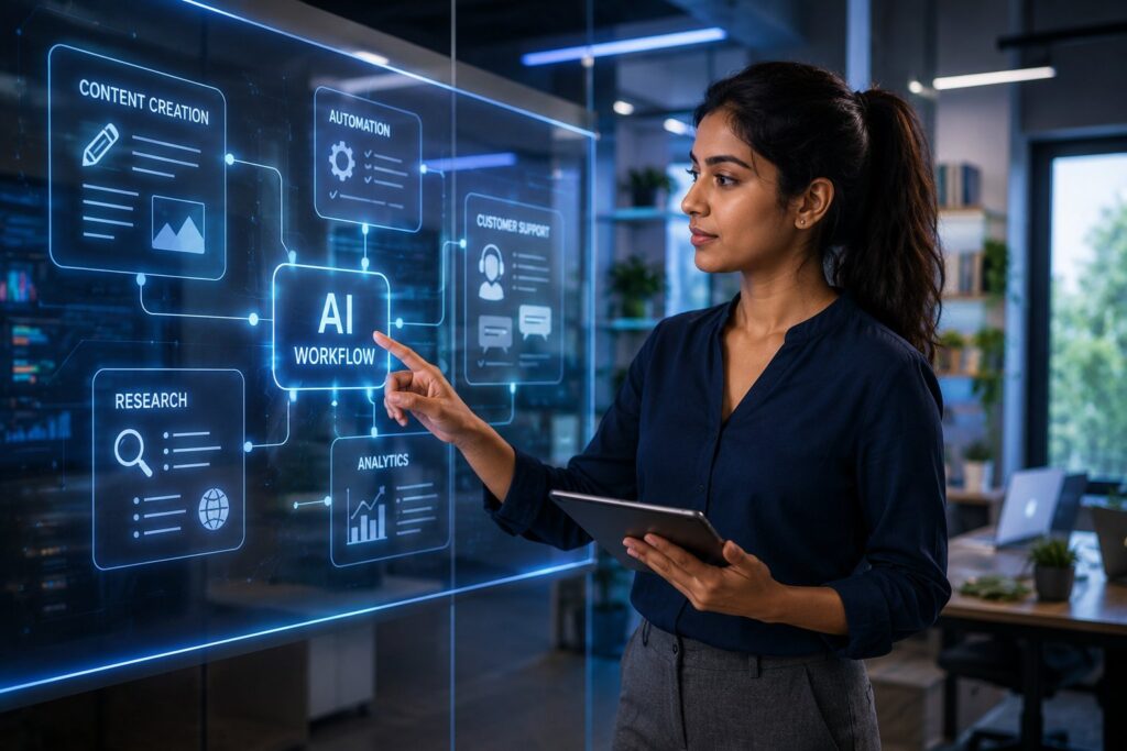 Indian professional using AI for content creation and business services