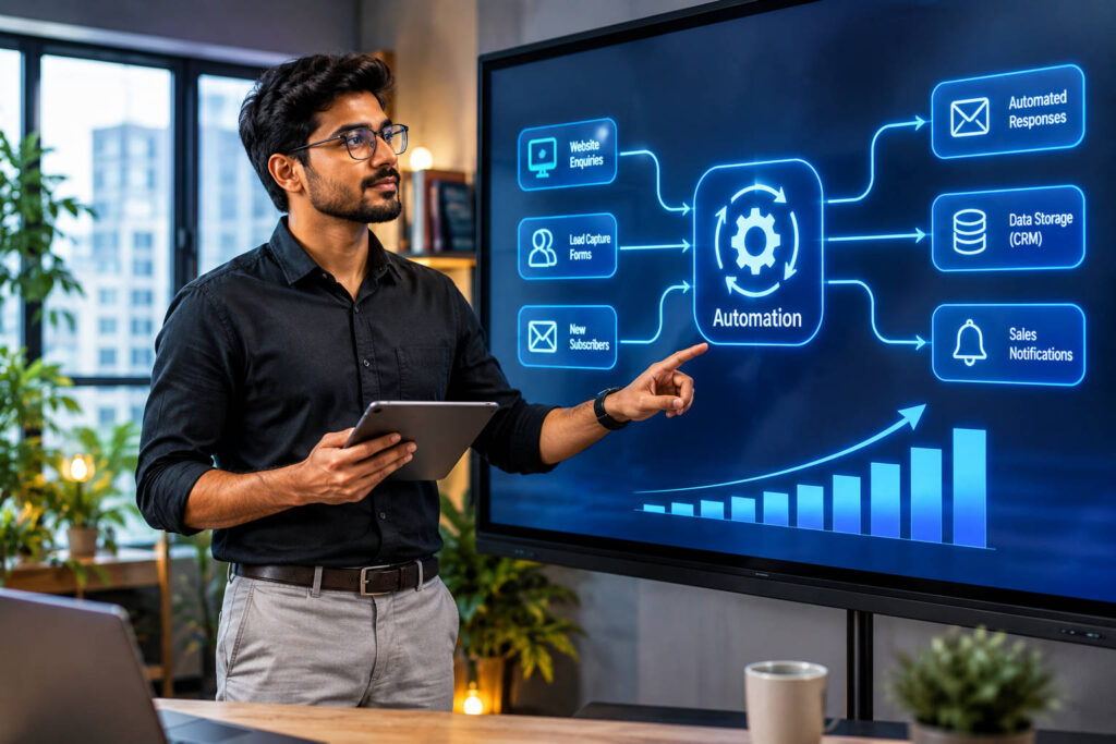Technology consultant explaining business automation workflow