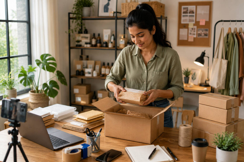 Indian entrepreneur packing products for an online store