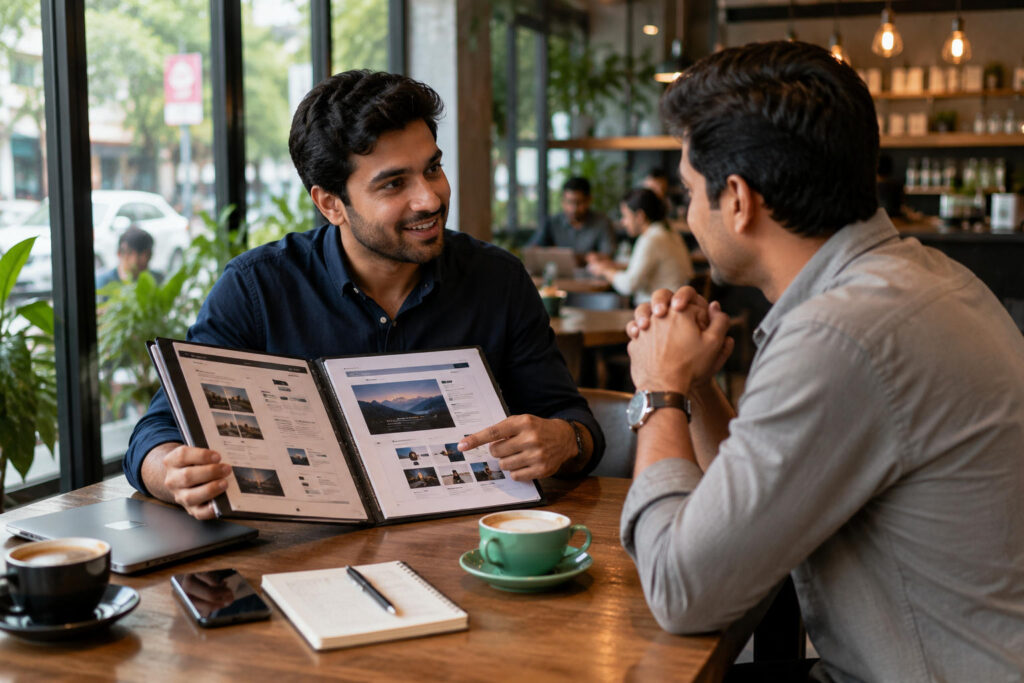 Indian freelancer discussing a project with a client